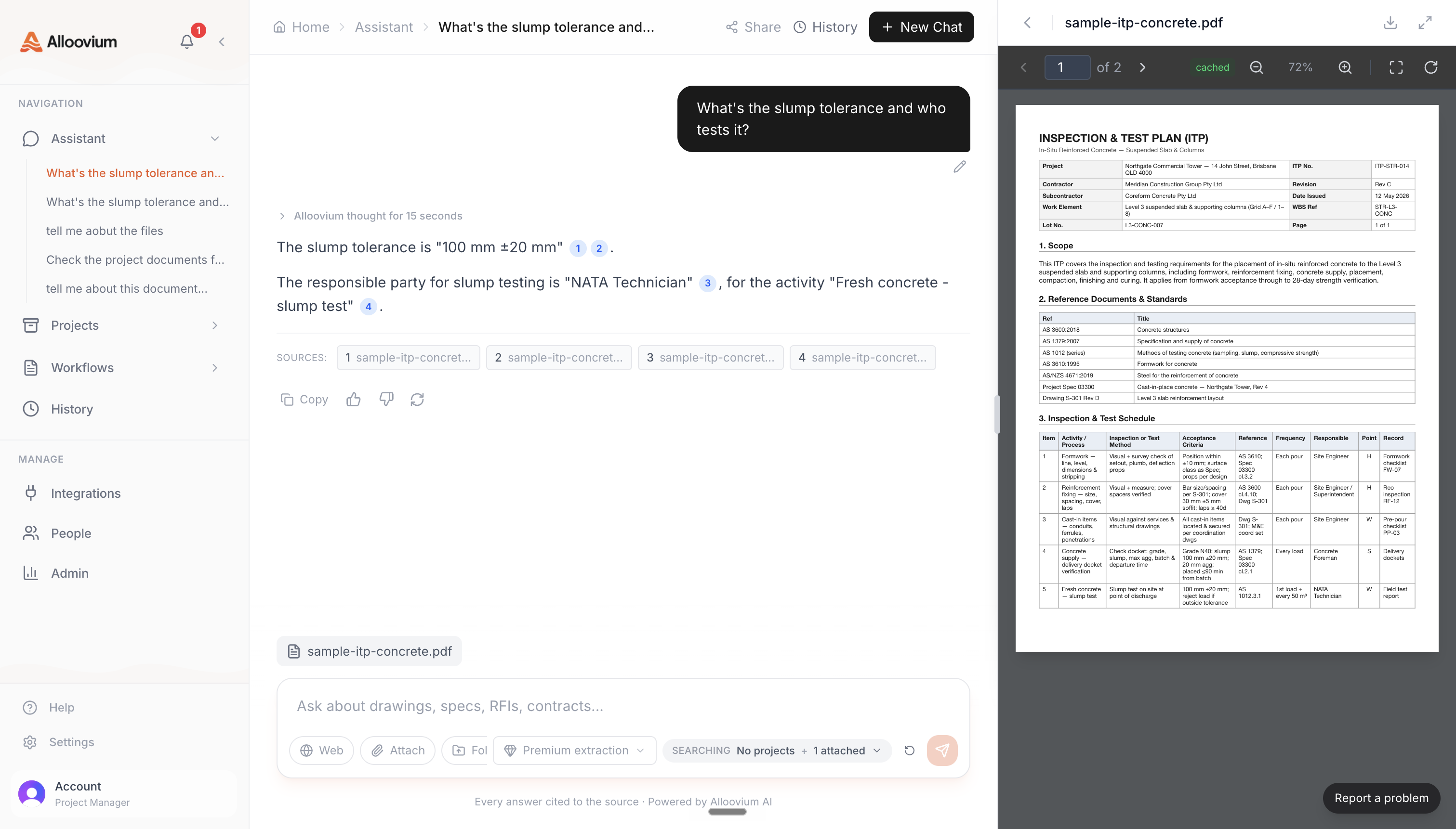 AI Assistant chat interface with a sample question and cited answer