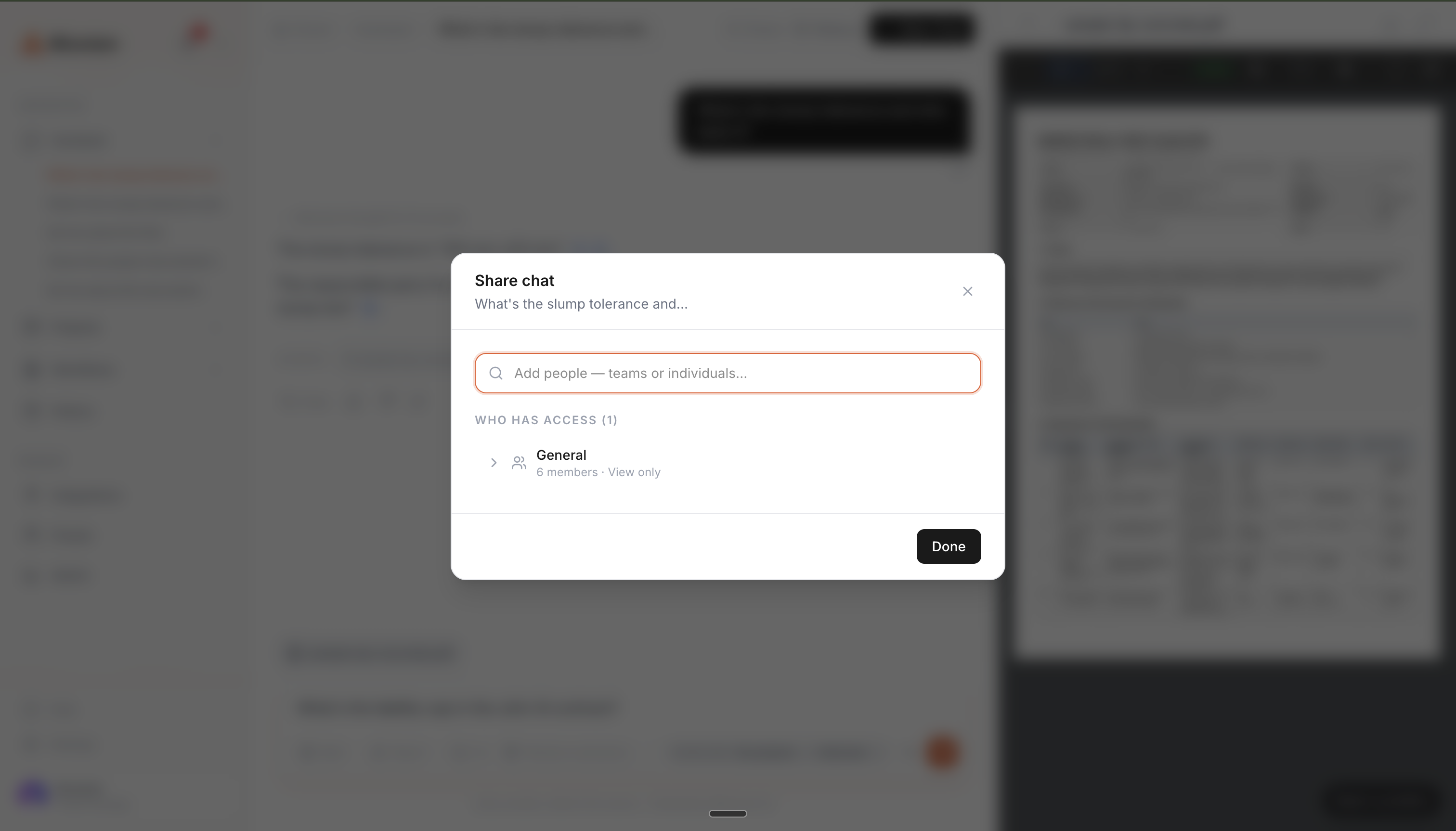 Share chat dialog showing who has access and an input to add teams or individuals