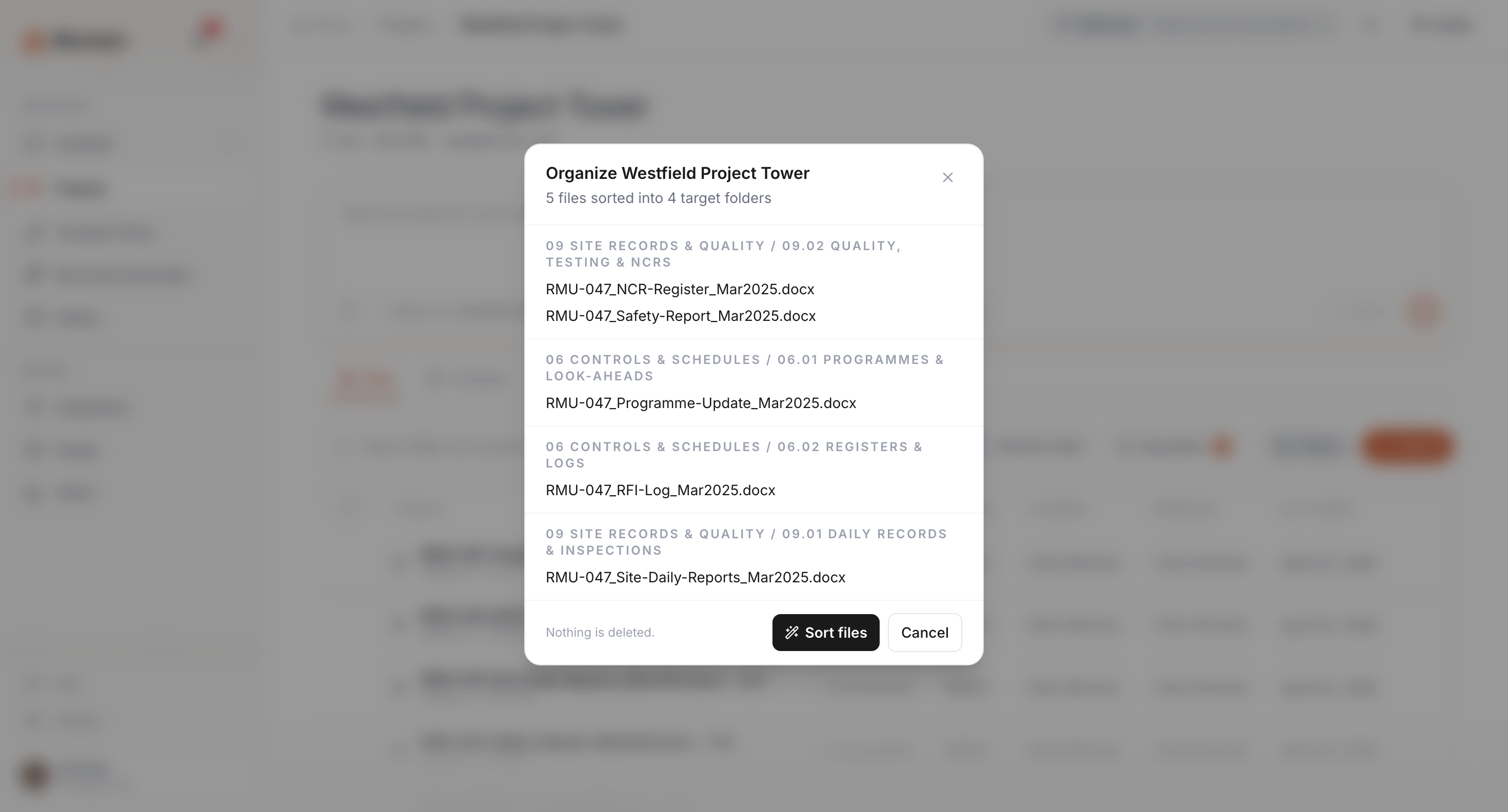 AI organizer preview showing suggested projects and destination folders before upload