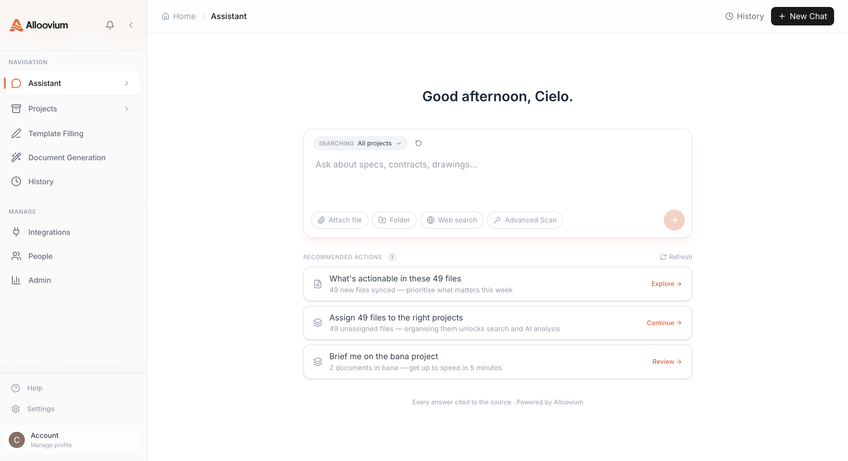 Alloovium dashboard showing projects list and recent activity