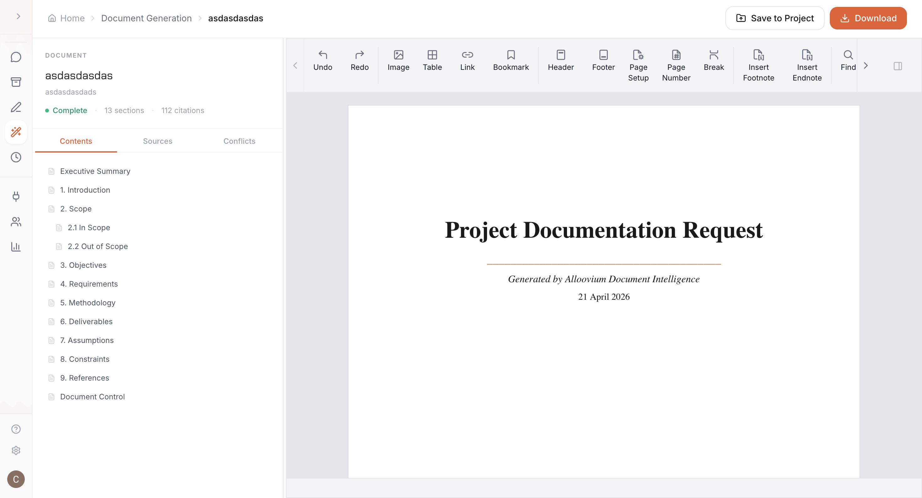 Document Generation result — generated document with table of contents and citation count