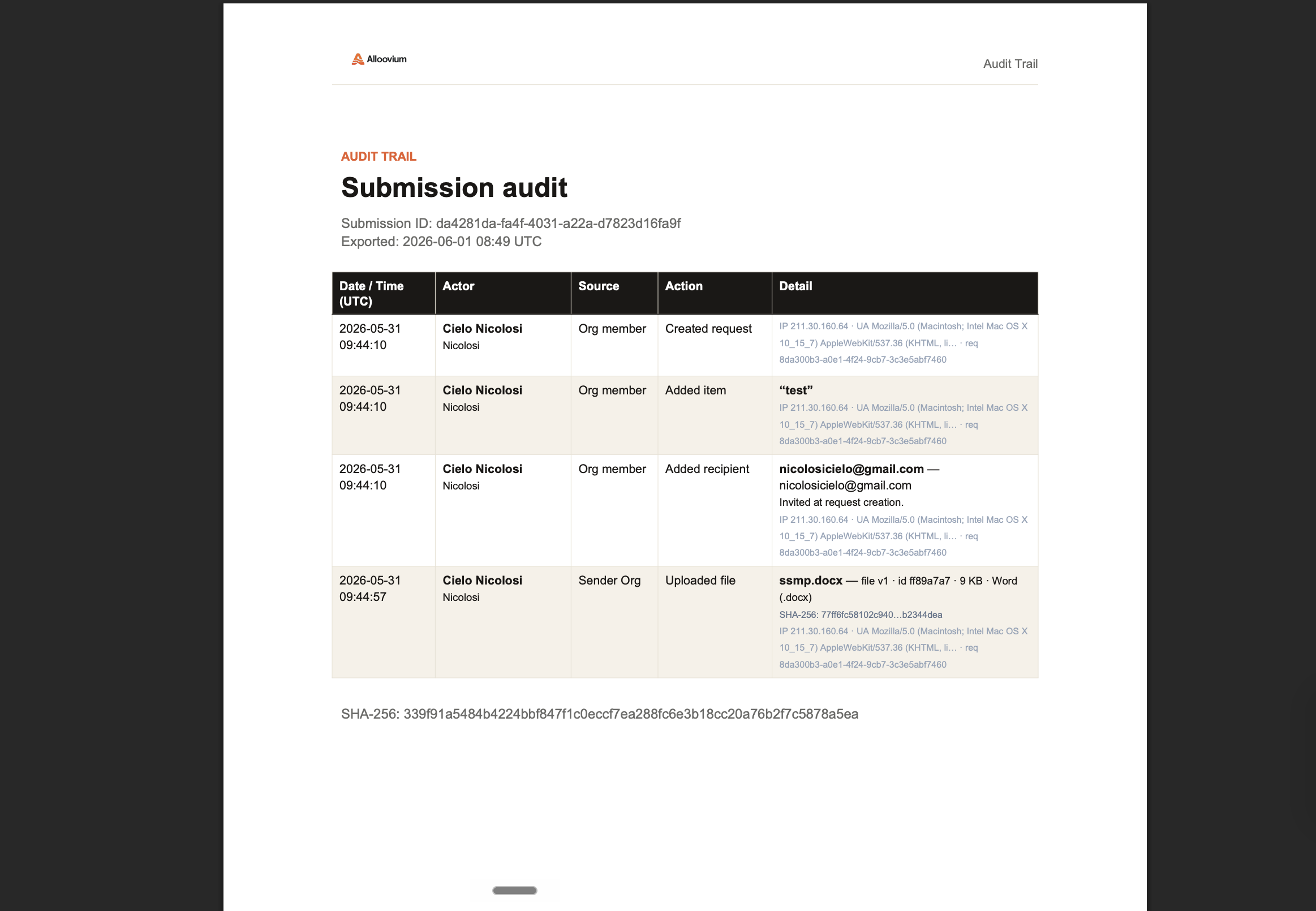 Signed audit dossier export — every revision and acknowledgement