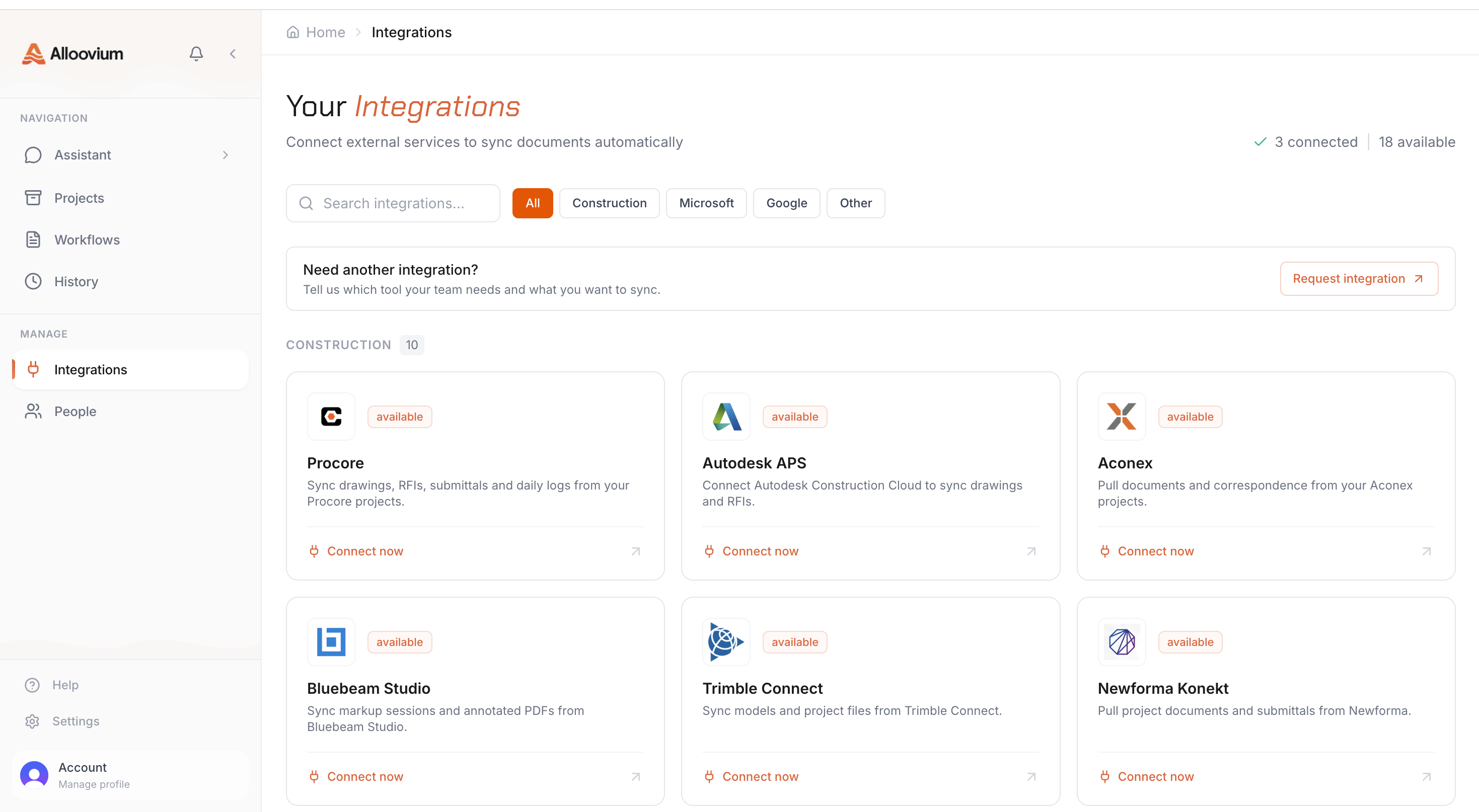 Integrations settings page showing connected services and sync status