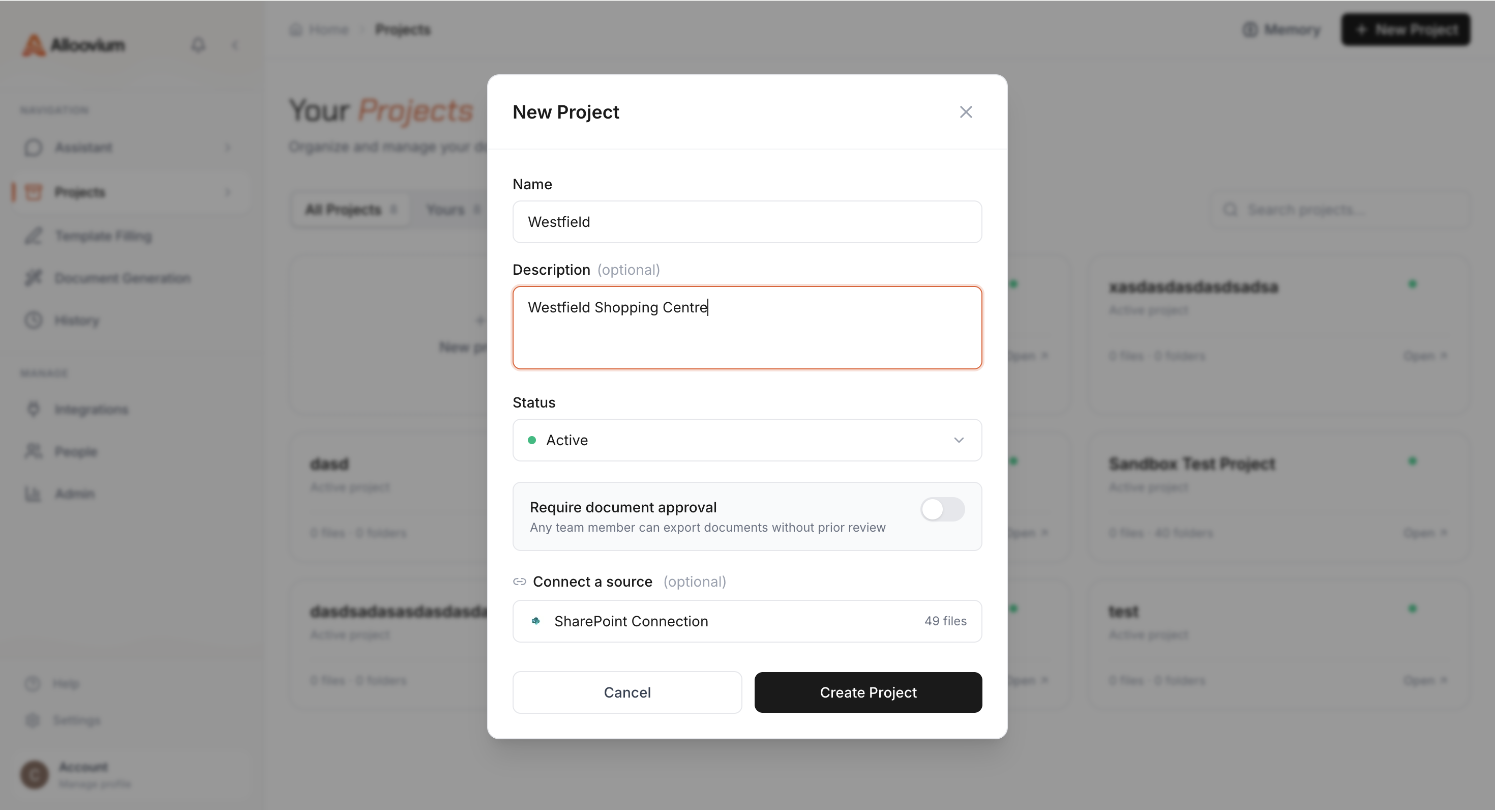 New project creation modal with name and description fields