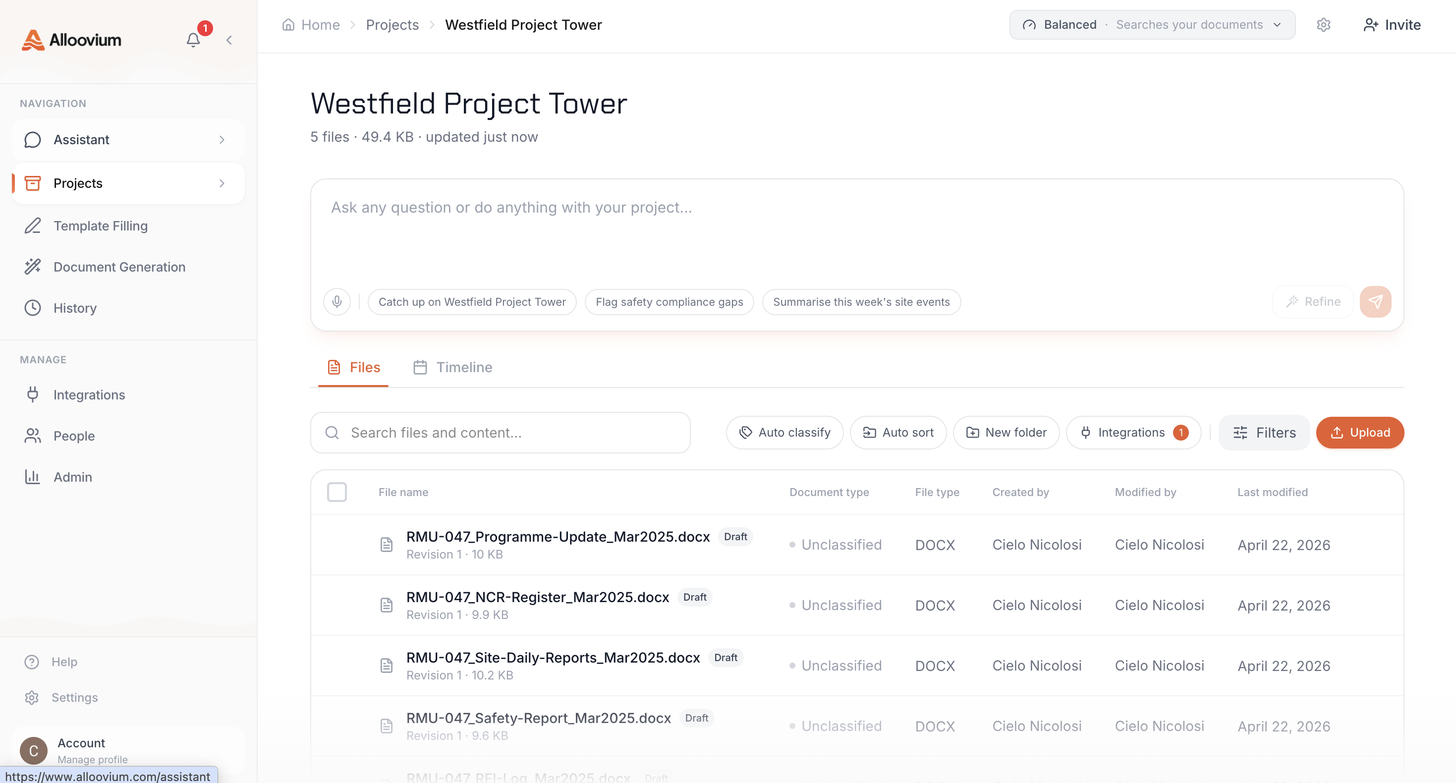 Project view with folder tree on the left and document list on the right