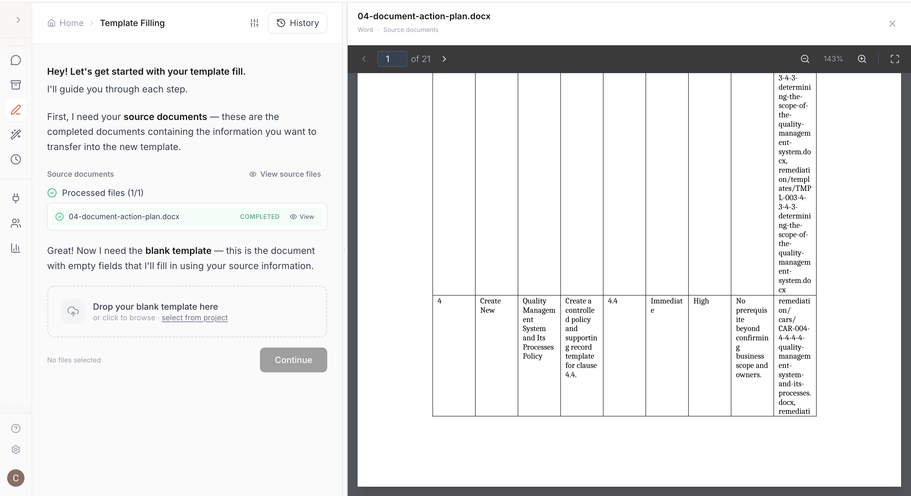 Template Filling wizard — source documents uploaded, blank template drop zone